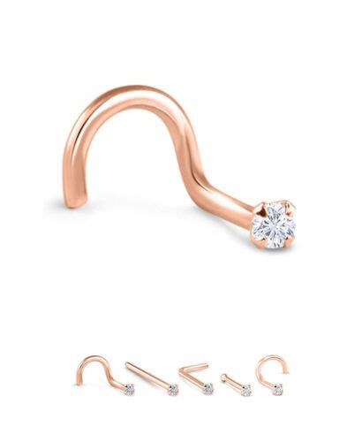 18K Rose Gold Screw L Bend Nose Bone Stud Ring Genuine Diamond 22G 20G