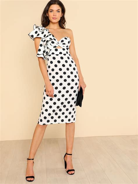 Twist Front Ruffle Detail Polka Dot Dress Shein Sheinside