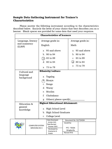 Sample Data Gathering Instrument For Trainee Pdf Learning Cognition