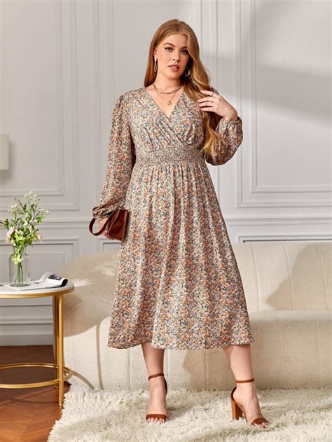 Shein Lune Plus Ditsy Floral Shirred Waist Dress Shein Usa