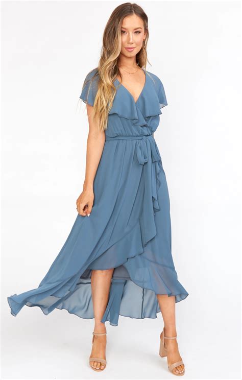 Jess Ruffle Midi Dress Slate Blue Chiffon Dusty Blue Bridesmaid