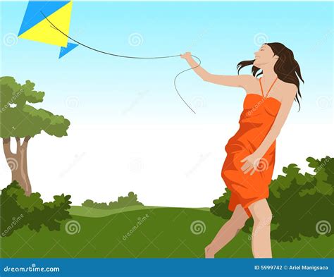 Girl Flying Kite Stock Vector Illustration Of Orange