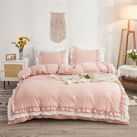 Queen Size 100 Washed Cotton Pink Ruffled Duvet Cover Set With Vintage Style Zipper Closure