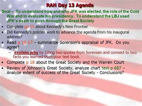 Rah Day 13 Agenda Goal To Understand How And Why Jfk Was Elected The