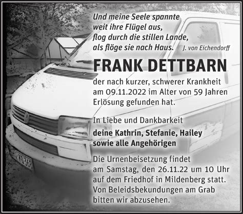 Traueranzeigen Von Frank Dettbarn M Rkische Onlinezeitung Trauerportal