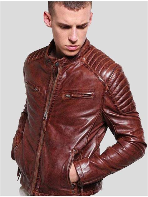 Moto Racer Leather Biker Jacket Brown Leather Jacket Mens