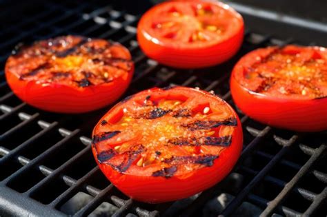 Premium Ai Image Bright Red Tomatoes On A Black Grill Showing Char Marks