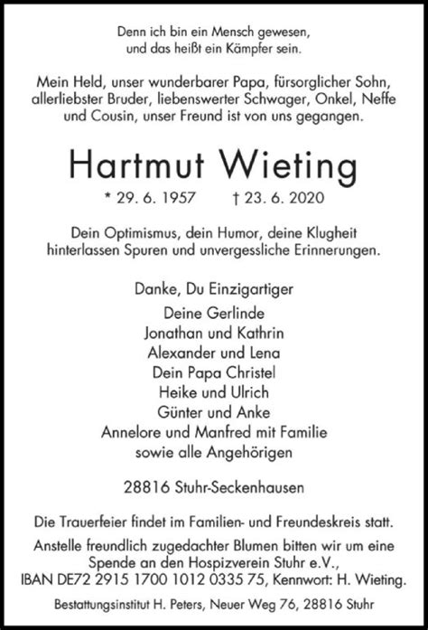 Traueranzeigen Von Hartmut Wieting Trauer Kreiszeitung De