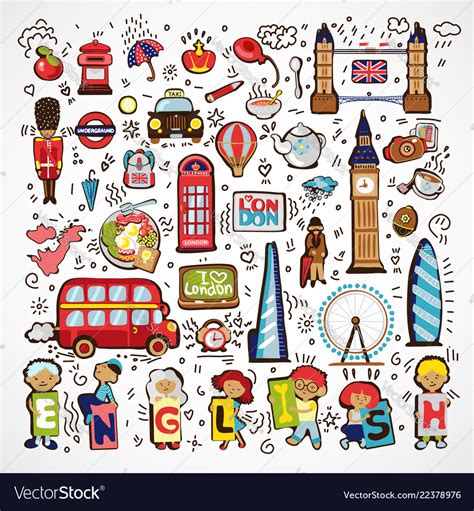 Set Of London Icons Hand Drawn England Royalty Free Vector