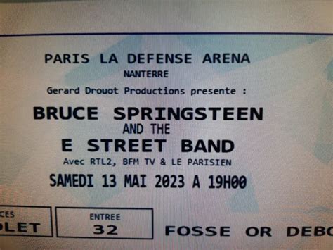 2 PLACES FOSSE Or Concert Bruce Springsteen Paris La Defense 13 Mai