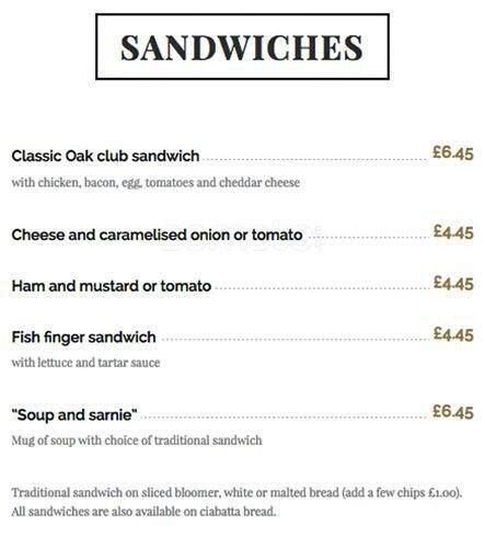 Menu at The Oak pub & bar, Bromley, 206 Widmore Rd