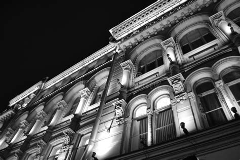 Architectural Details Of A Historic Building With Lighting Editorial