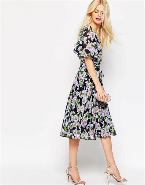 Asos Synthetic Pleated Wrap Midi Dress In Floral Print Multi In Black