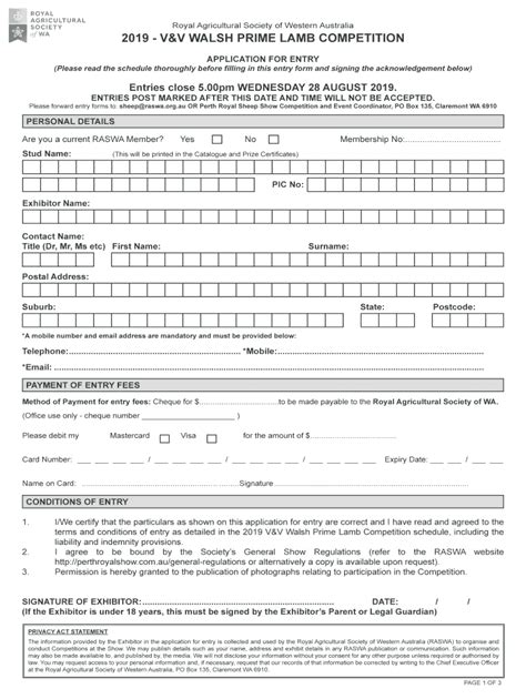 Fillable Online V V Walsh Prime Lamb Competition Entry Form