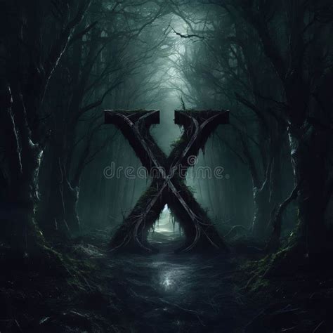 Mysterious Dark Forest With Glowing Cross D Illustration Letter X