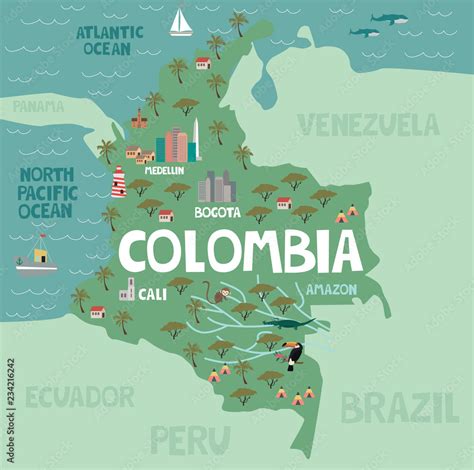 Illustration Map Of Colombia With City Landmarks And Nature Editable