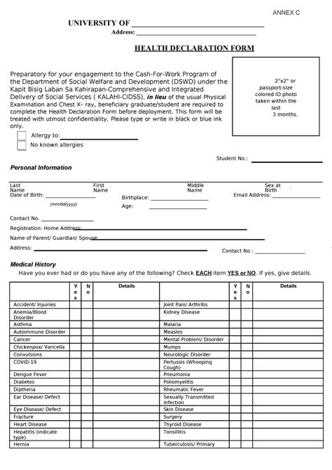 Annex C Health Declaration Form 1 Gender Annex C University Of