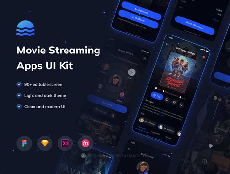 90 屏暗黑炫酷短视频电视电影APP软件界面设计UI套件素材 Movees Movie Streaming Apps UI KIT