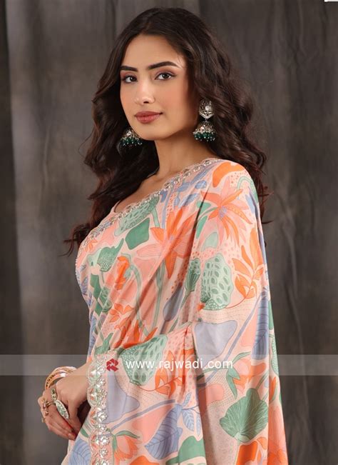 Peach Satin Silk Saree With Floral Prints