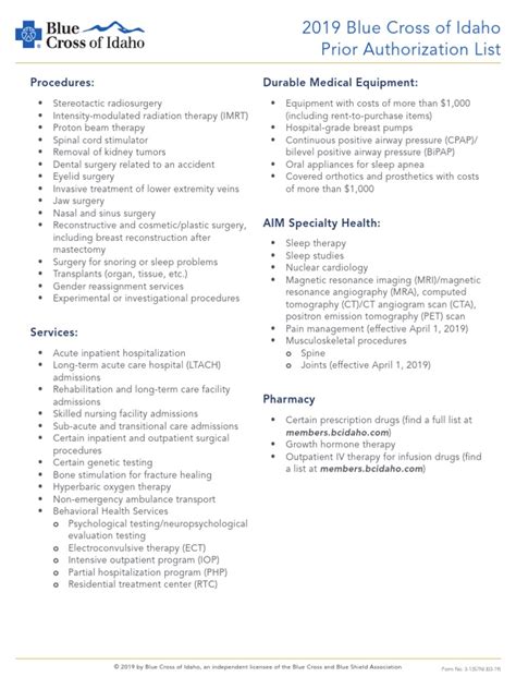 2019 3 1357ni Blue Cross Of Idaho Prior Authorization List Fully