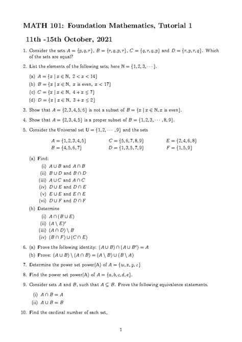 Math 101 Tutorial 1 This Is Just Questions For Material Learnt In