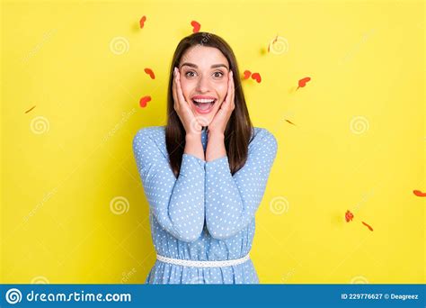 Photo Of Impressed Charming Young Lady Wear Dotted Outfit Smiling Arms