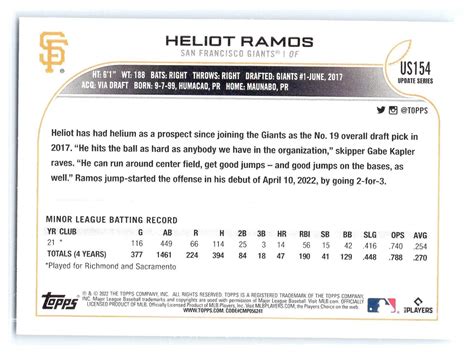 2022 TOPPS UPDATE US154 HELIOT RAMOS RC ROOKIE CARD SAN FRANCISCO