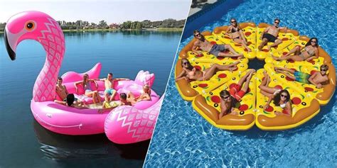 People Are Riding In An Inflatable Pizza Boat Next To A Flamingo Pool Float