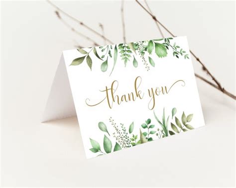 Watercolor Greenery Thank You Cards Thank You Card Template Printable