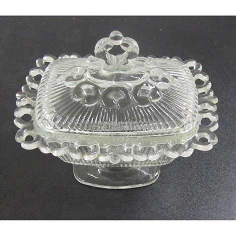 Footed Rectangular Vintage Clear Glass Compote Dish With Lid