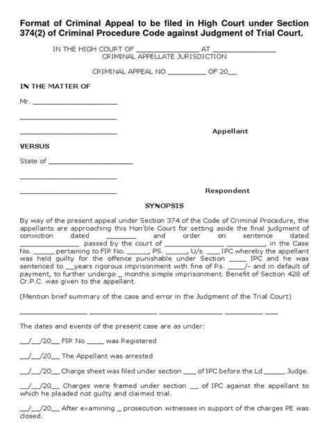 Analysis of Criminal Appeal Format Challenging Conviction and ...