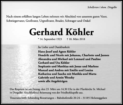 Traueranzeigen Von Gerhard K Hler Trauerportal Hildesheimer