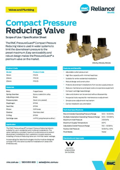 Pressureguard® Compact Pressure Reducing Valves Rmc Reliance Valves