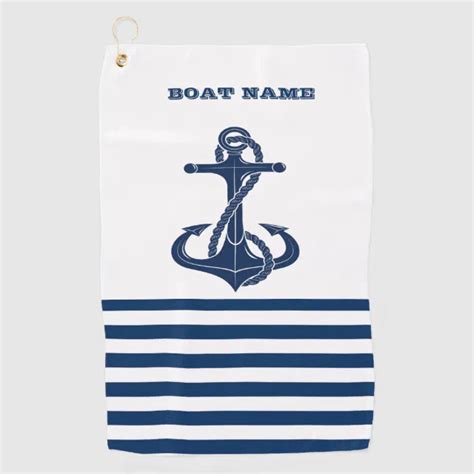 Nautical Boat Name Anchor Navy Blue White Stripes Golf Towel Zazzle