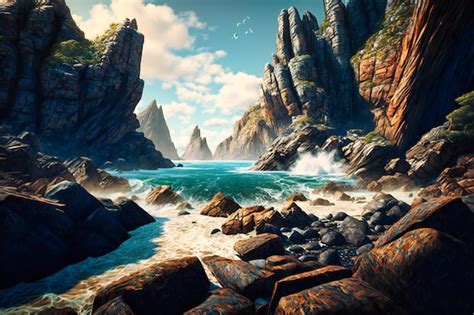 Premium Photo A Rugged Coastline With Towering Cliffs And Crashing Waves