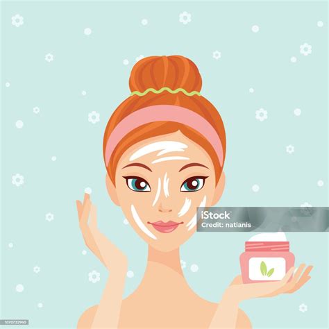 Young Beautiful Woman Applying Face Cream Vector Illustration Stock