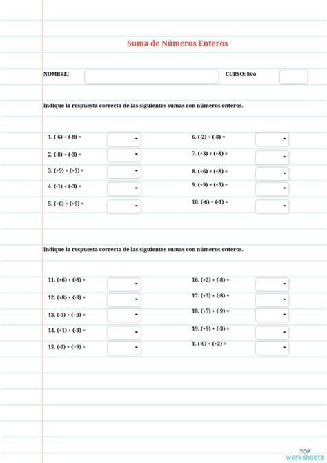 Sumas Y Restas Enteros Ficha Interactiva Topworksheets Nbkomputer