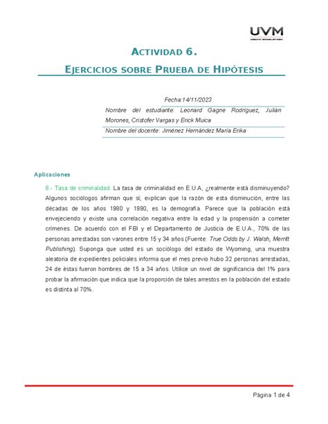 A6 Pdf ESTADISTICA DESCRIPTIVA ACTIVIDAD 6 EJERCICIOS SOBRE PRUEBA