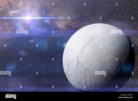 Enceladus Moon Of Planet Saturn In Front Of The Milky Way Galaxy And