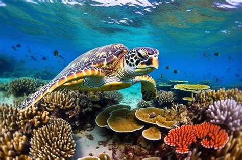 Premium AI Image | A turtle swimming under a coral reef