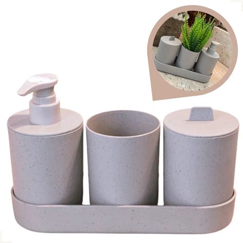 kit 4 Peças Conjunto Banheiro Lavabo Fibra Bambu Sustentável Ecológico