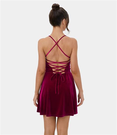 Womens Spaghetti Strap Backless Crisscross Lace Up Velvet Mini Casual