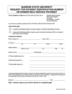 Fillable Online Mcneese Request Form For Id And Ss Pin Reset Doc