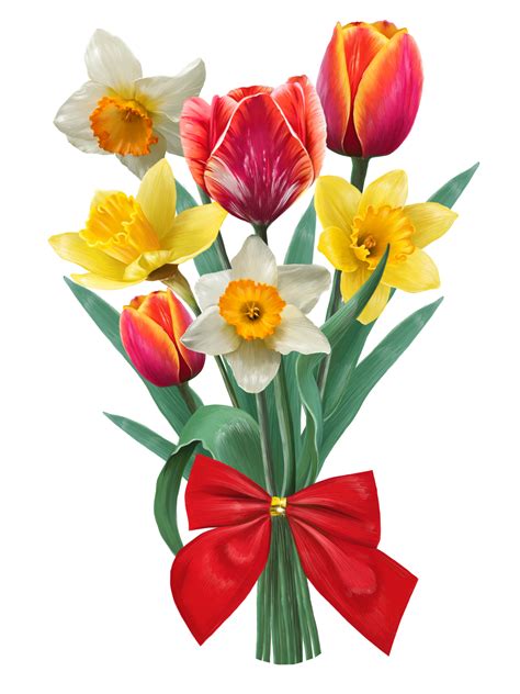 Free Bouquet Of Daffodils And Tulips Tied With A Red Satin Bow