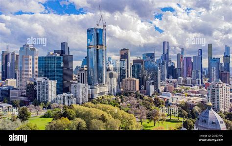 An aerial drone shot of the inspiring skyscrapers of Melbourne city ...