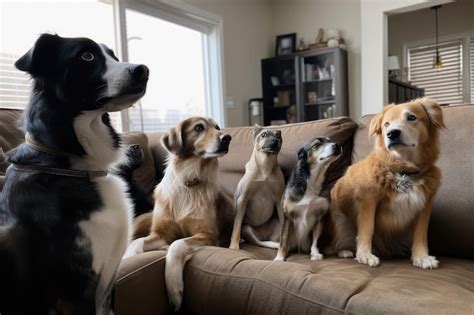 Premium Ai Image Person Sitting On Couch With Group Of Dogs Looking