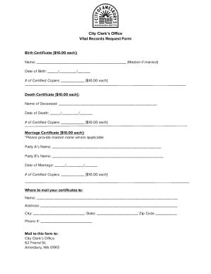 Fillable Online City Clerk S Office Vital Records Request Form Fax