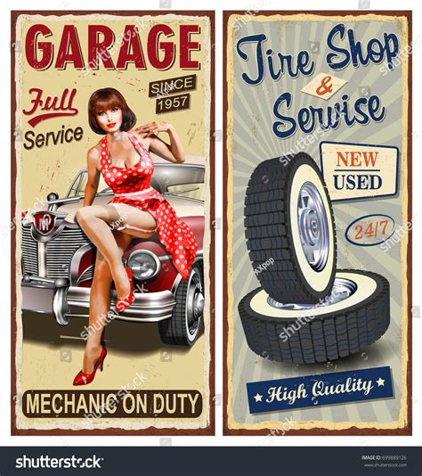 Set Vintage Car Metal Signsgarage Tire Stock Vector (Royalty Free) 699889126 | Shutterstock