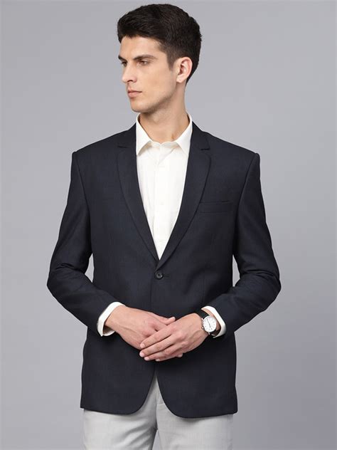 Men Navy Blue Slim Fit Solid Single Breasted Formal Blazer Manq