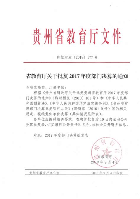 关于转发“省教育厅关于批复2017年度部门决算的通”的通知 贵州轻工职业技术学院